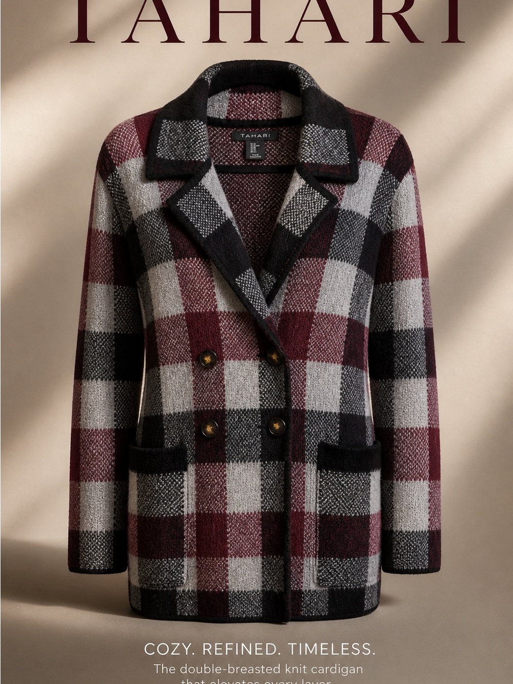 Tahari Burgundy Black Cream Plaid Double-Breasted Jacket
